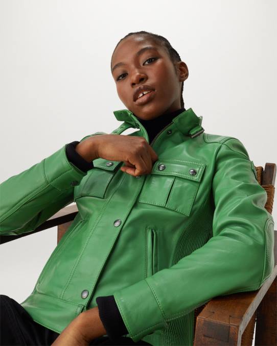 Belstaff Frauen Gangsterjacke PHND471 Kleidung Nappaleder graphgrün