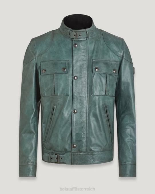 Belstaff Männer Gangsterjacke PHND2 Kleidung handgewachstes Leder stahlgrün
